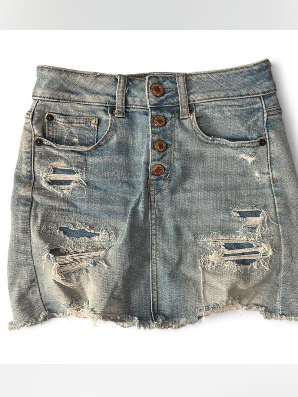 American Eagle Outfitters Distressed Light Blue Denim Mini Skirt